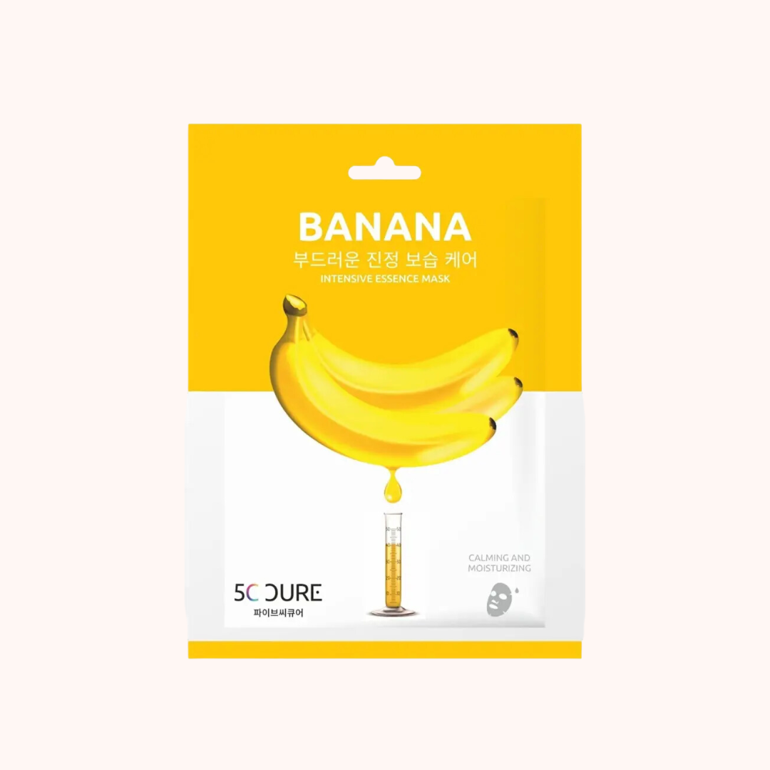 5C CURE Banana Intensive Essence Mask 25ml packaging featuring a yellow banana illustration and moisturizing branding.