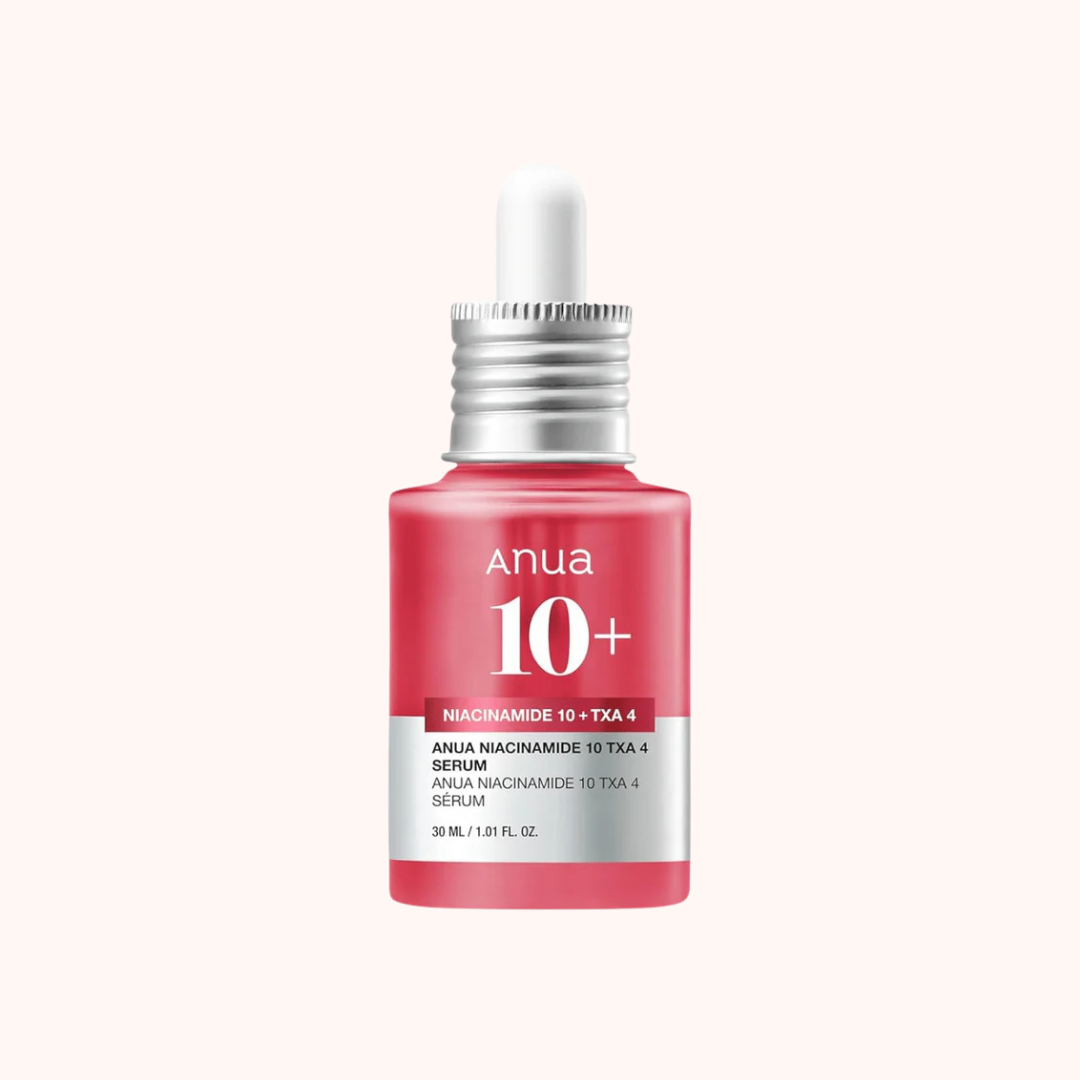 Red serum bottle with dropper labeled &