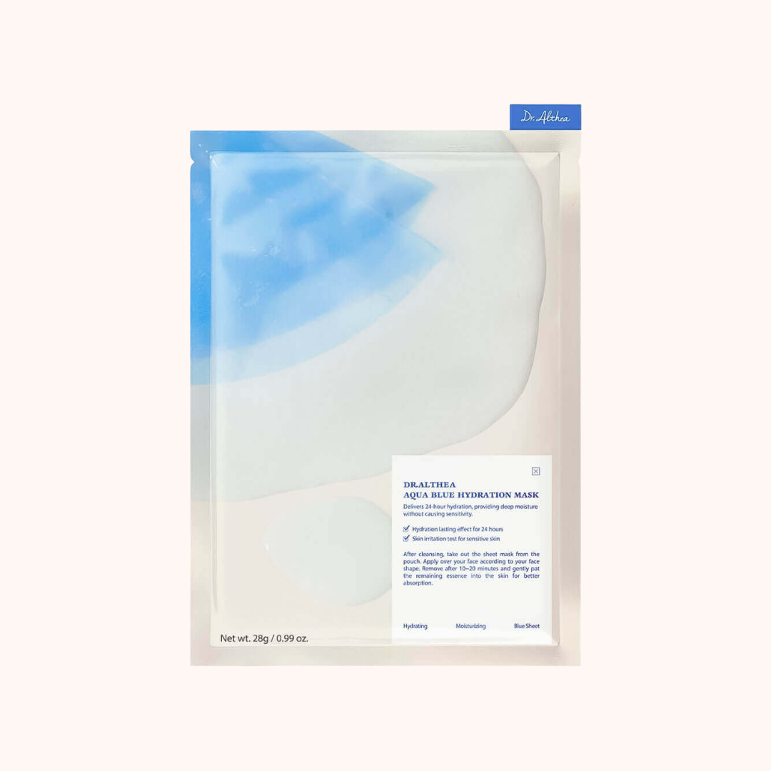 Skincare mask packaging with blue and white design on a white background
