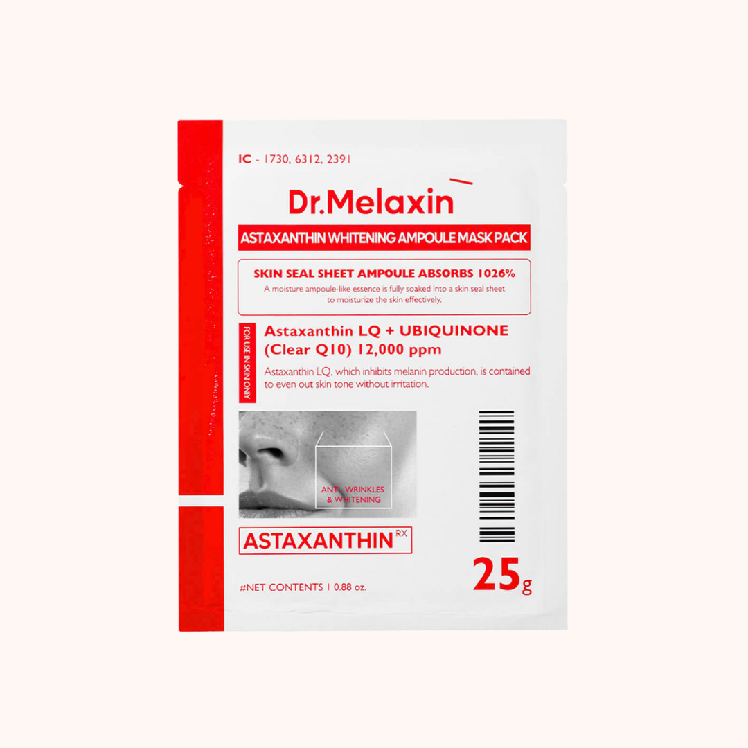 Packaging of Dr. Melaxin Astaxanthin Whitening Ampoule Mask featuring product information, barcode, and an image of a person wearing the mask.