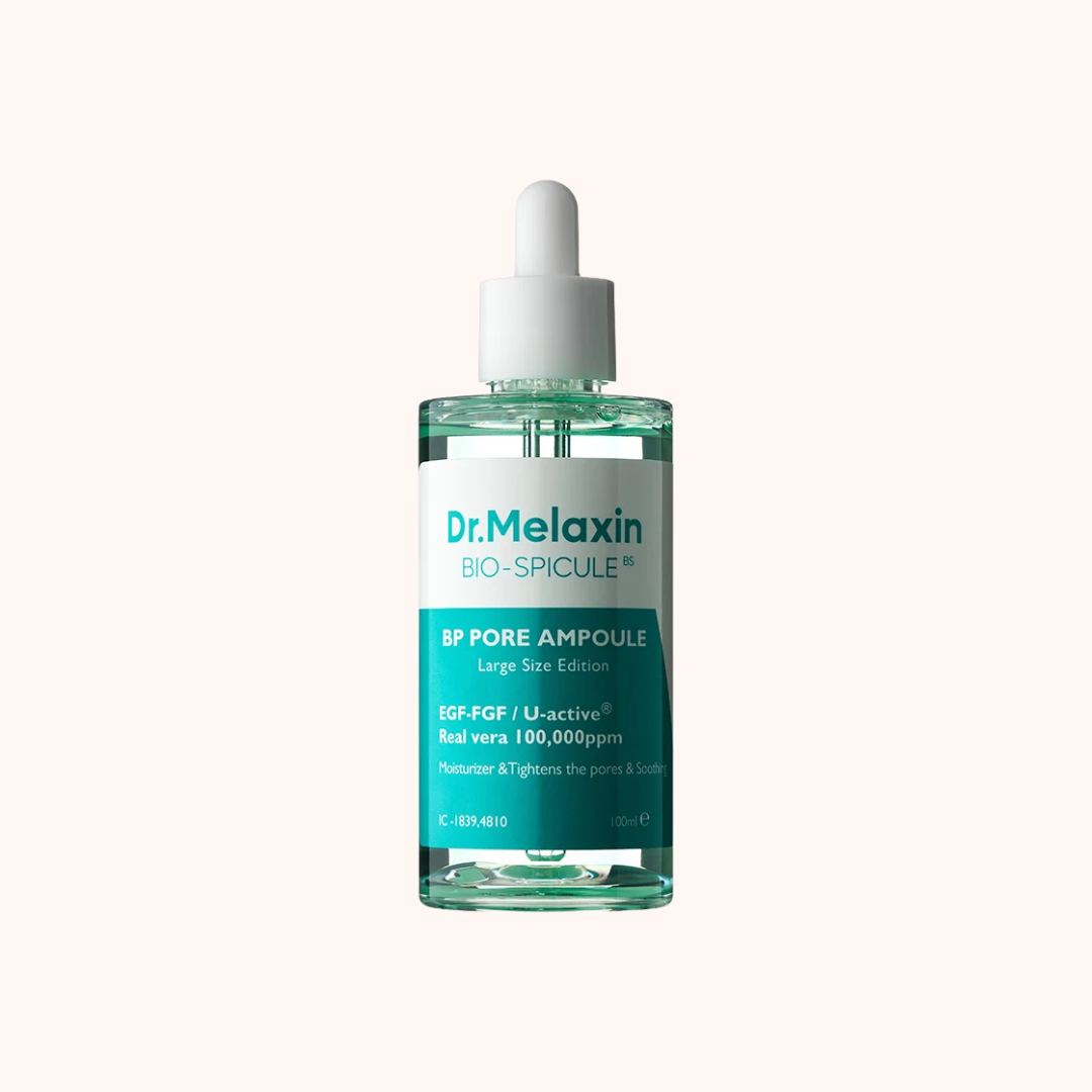 A bottle of Dr. Melaxin Bio-Spicule 8F Pore Ampoule in a clear glass dropper bottle with a white cap and a white and teal label, centered on a pale pink background.