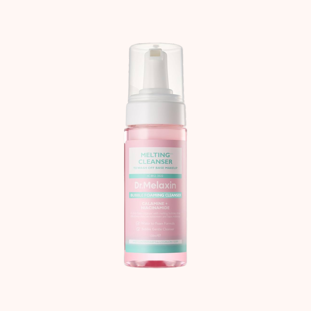 A pump bottle of Dr. Melaxin Melting Cleanser with pink and white color scheme.