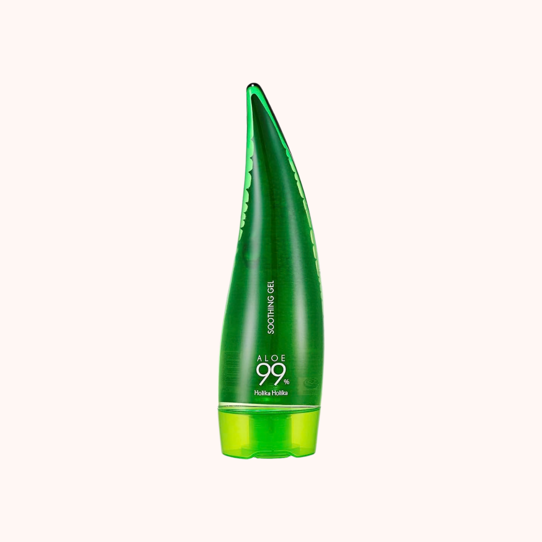 Green aloe vera gel bottle on a white background
