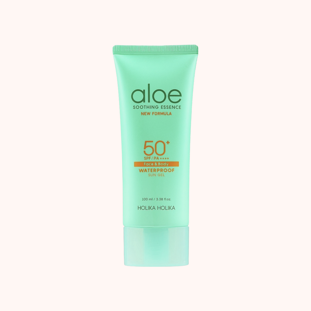 Green tube of aloe soothing essence with SPF 50+ on a white background