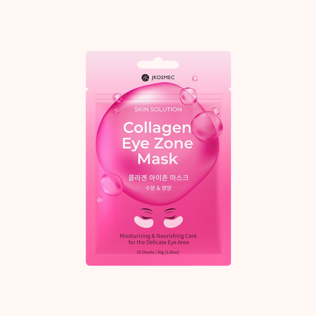 Collagen eye zone mask packaging with pink design on a white background