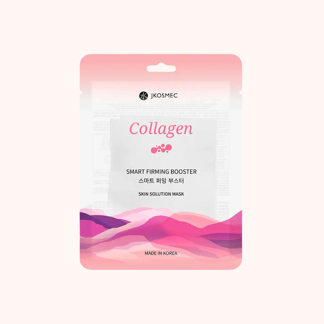 Collagen skin solution mask packaging with pink and purple gradient on a white background