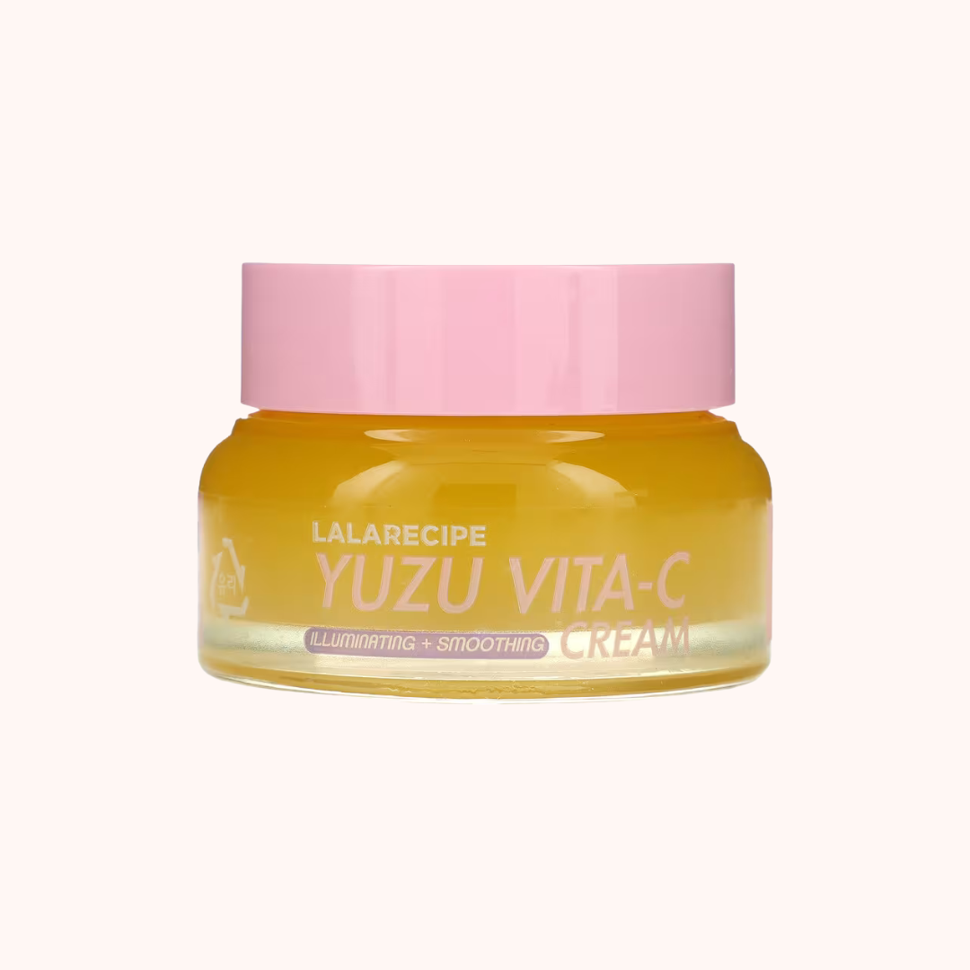 Jar of Yuzu Vita-C cream with pink lid on a white background