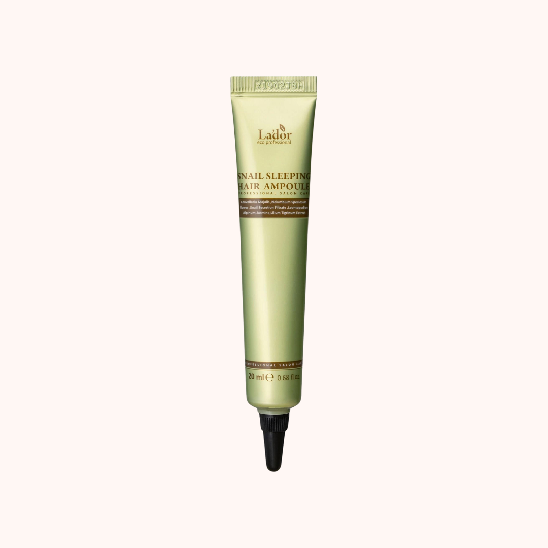 A tube of Lador Professional Hair Care Snail Sleeping Hair Ampoule, 20ml in size, with a green label and black cap.