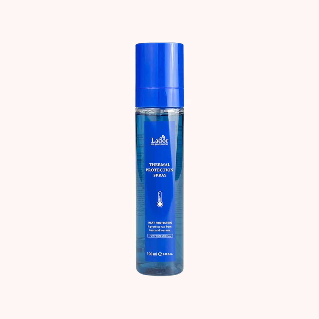 A spray bottle of Lador Professional Hair Care Thermal Protection Spray, 100ml in size, with a blue label.