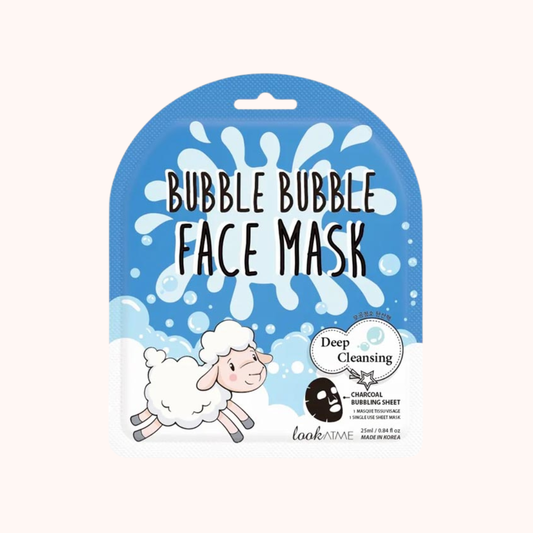 Packaging of Look At Me Bubble Bubble Face Mask with a graphic of a sheep and bubbles, indicating deep cleansing properties.