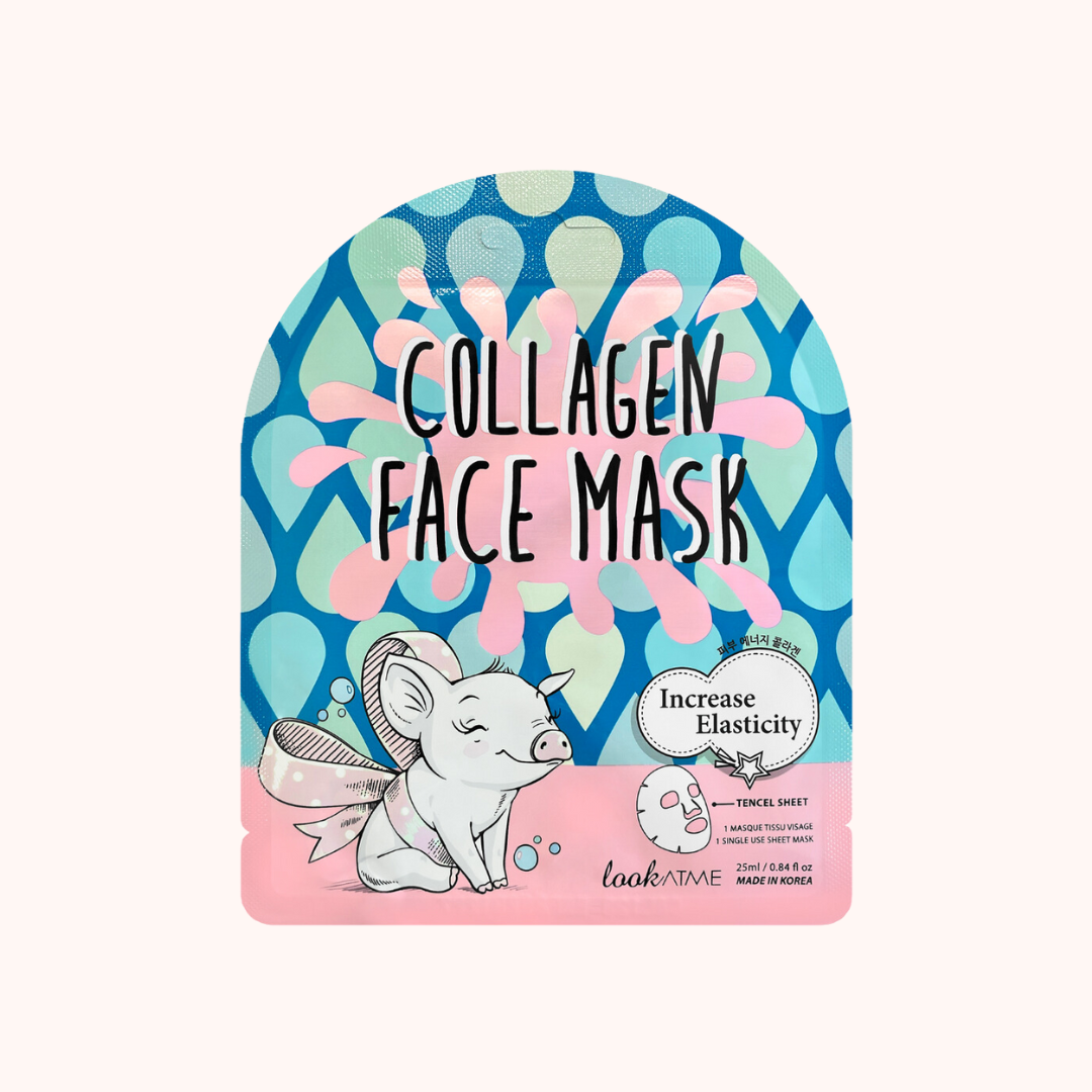 Packaging of Look At Me Collagen Face Mask with a graphic of a pig and text highlighting the product features such as &