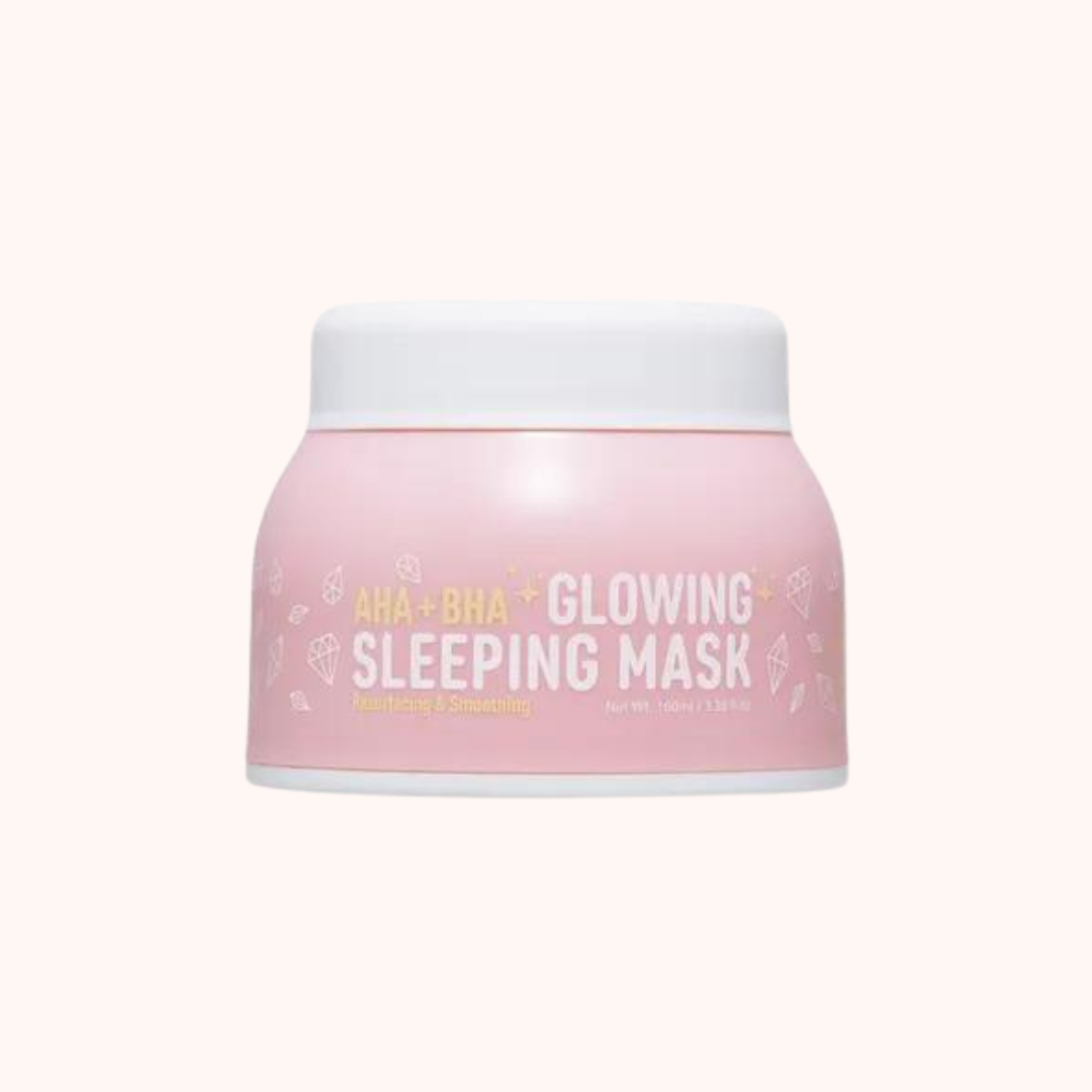A pink container of Look At Me Glowing Sleeping Mask with AHA+BHA, 100ml.