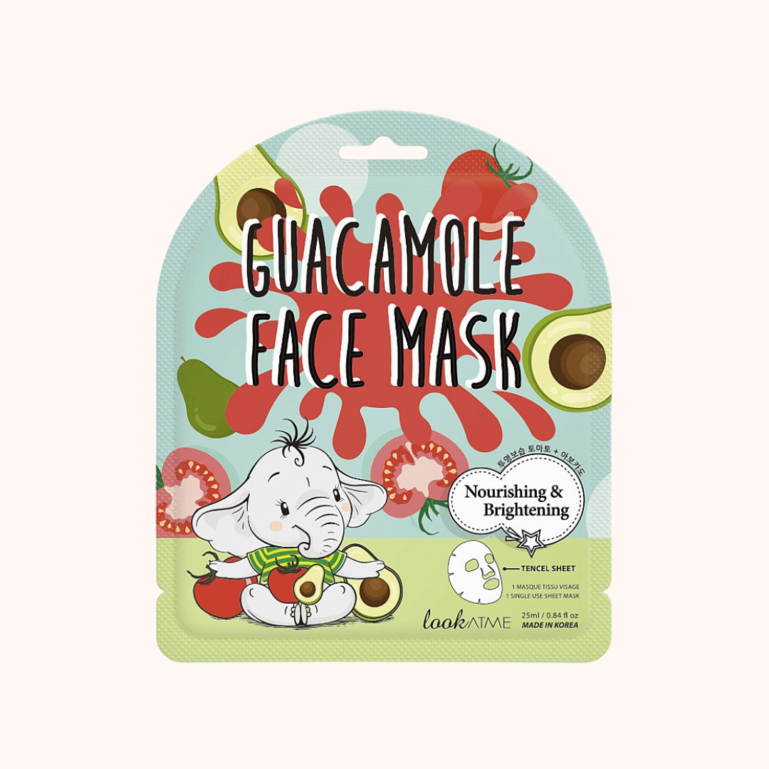 Packaging of Look At Me Guacamole Face Sheet Mask with illustrations of tomatoes, avocado, and a cartoon elephant. The text highlights nourishing and moisturizing properties.