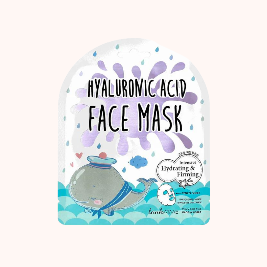 Packaging of Look At Me Hyaluronic Acid Face Sheet Mask featuring a graphic of a dolphin, with text describing the product as a hydrating and firming face mask.
