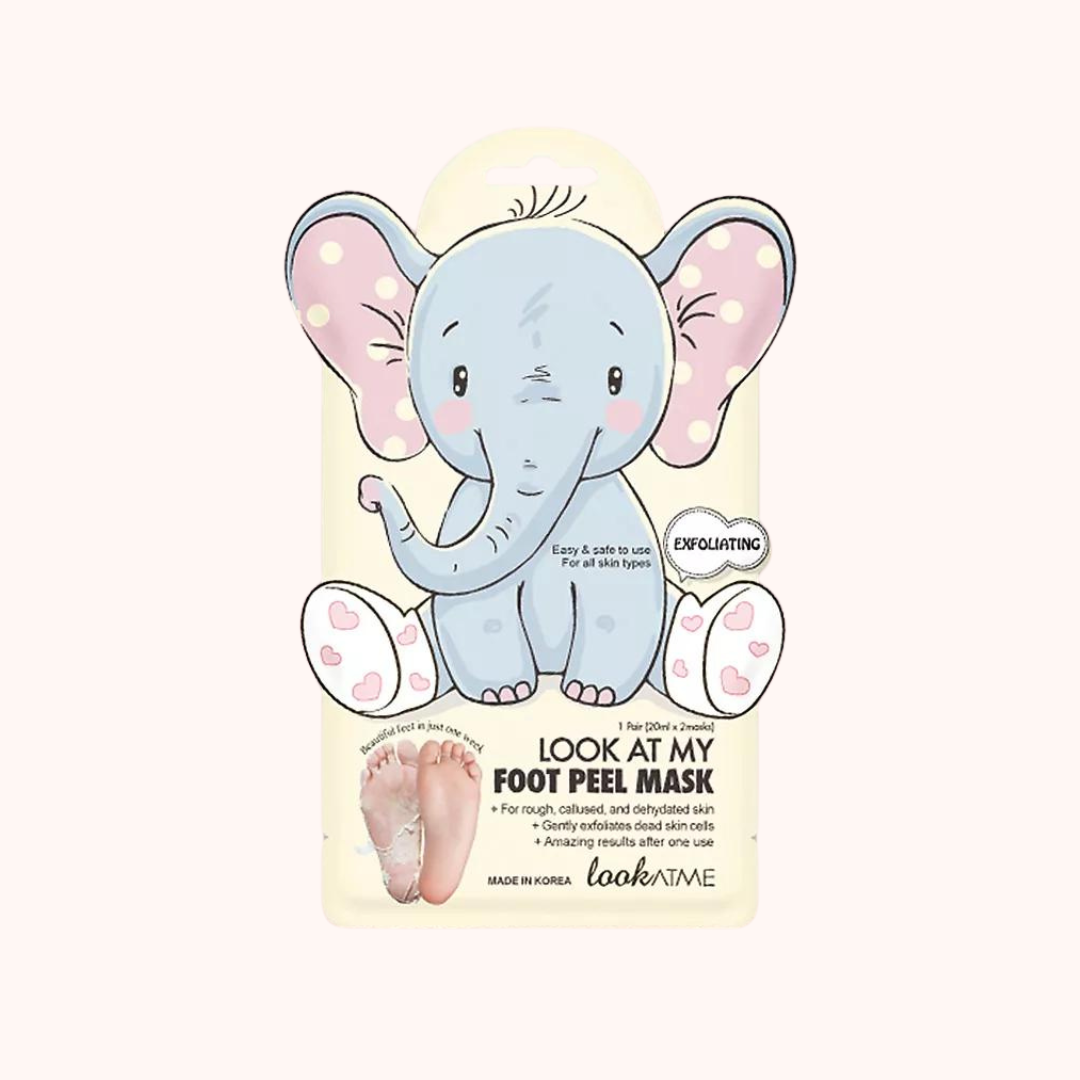 A packaged foot peel mask product with a cartoon illustration of an elephant wearing pink and white footwear.