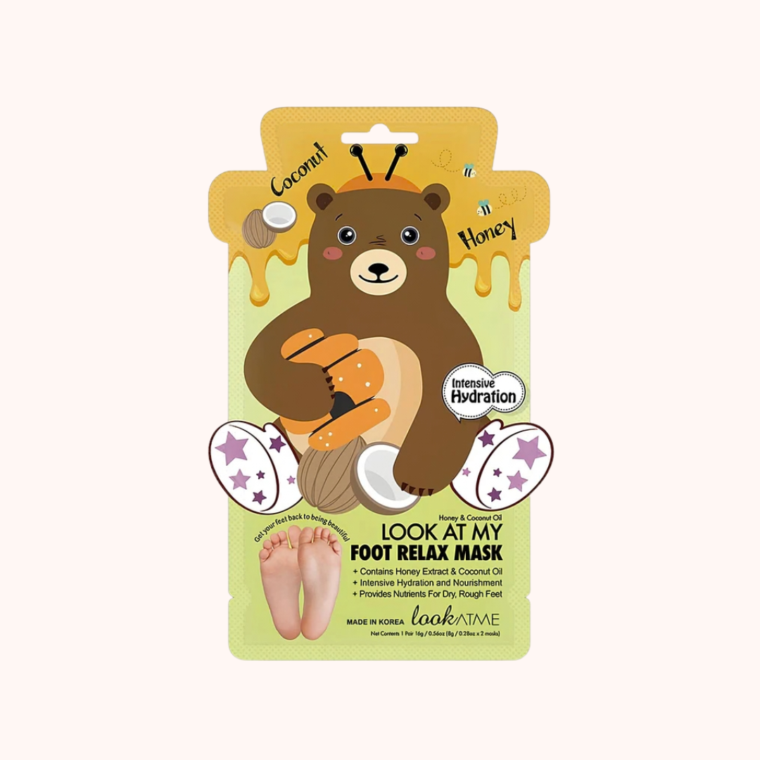 Foot mask packaging with a bear design on a white background