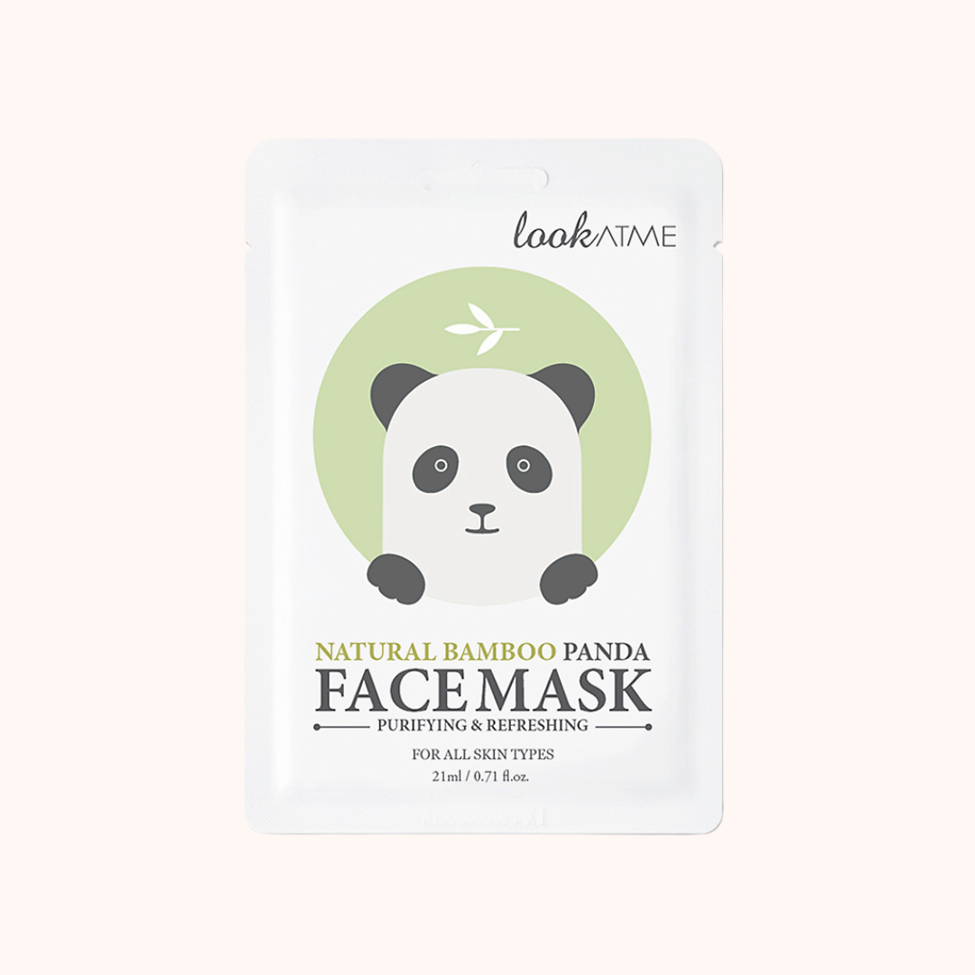 Packaging of Look At Me Natural Bamboo Panda Face Mask with an illustration of a panda and product details on a white background.