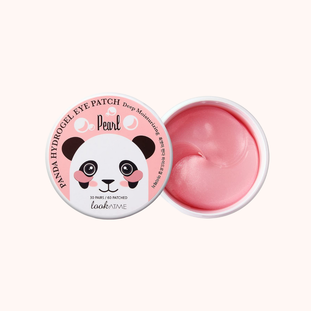 A package of Look At Me Panda Hydrogel Eye Patch Pearl with one patch visible, showing a pink color and a cute panda design on the packaging.