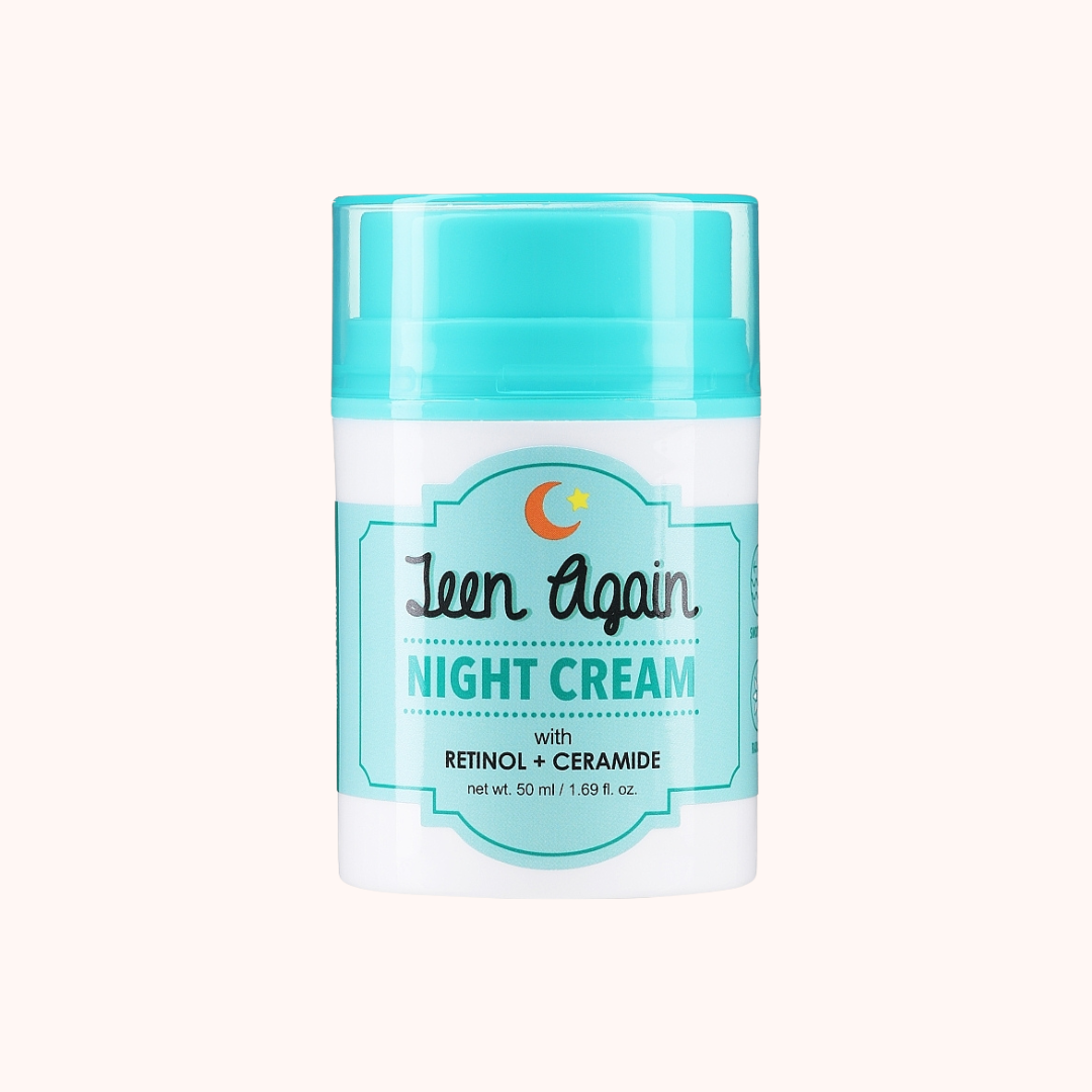 A container of Look At Me Teen Again Retinol+Ceramide Night Cream with a turquoise lid and a white label.