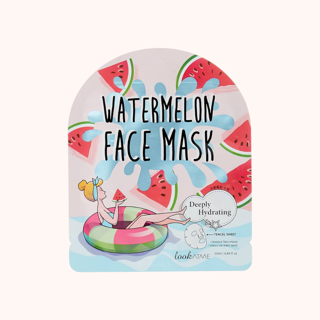 Packaging for Look At Me Watermelon Face Mask featuring an illustration of a woman lying on a float, surrounded by sliced watermelons and text describing the product as deeply hydrating with watermelon extract.