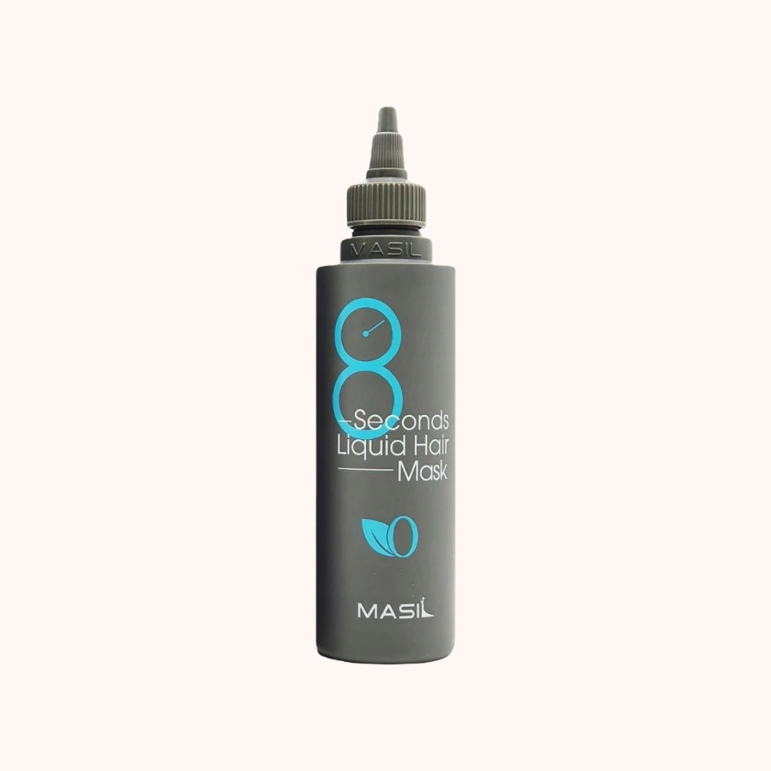 Bottle of MASIL 8 Seconds Liquid Hair Mask with a gray label and a dropper nozzle.