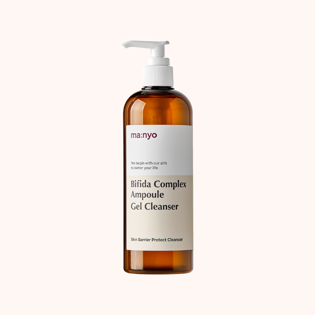 A pump bottle of Ma:nyo Factory Bifida Complex Ampoule Gel Cleanser with a clear label and white text.