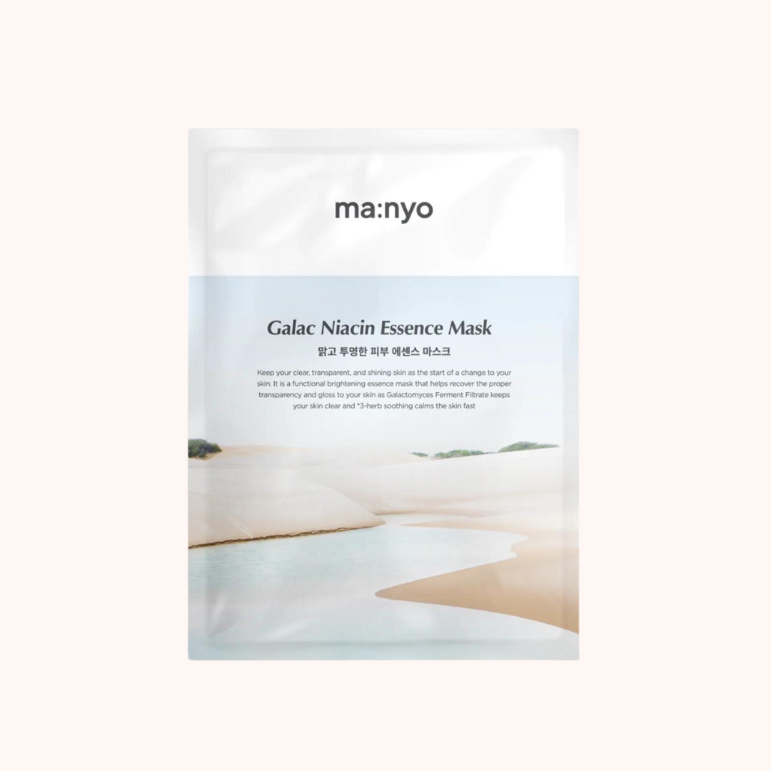 Packaging of Ma:nyo Factory Galac Niacin Essence Sheet Mask with an image of a serene beach and sky background.