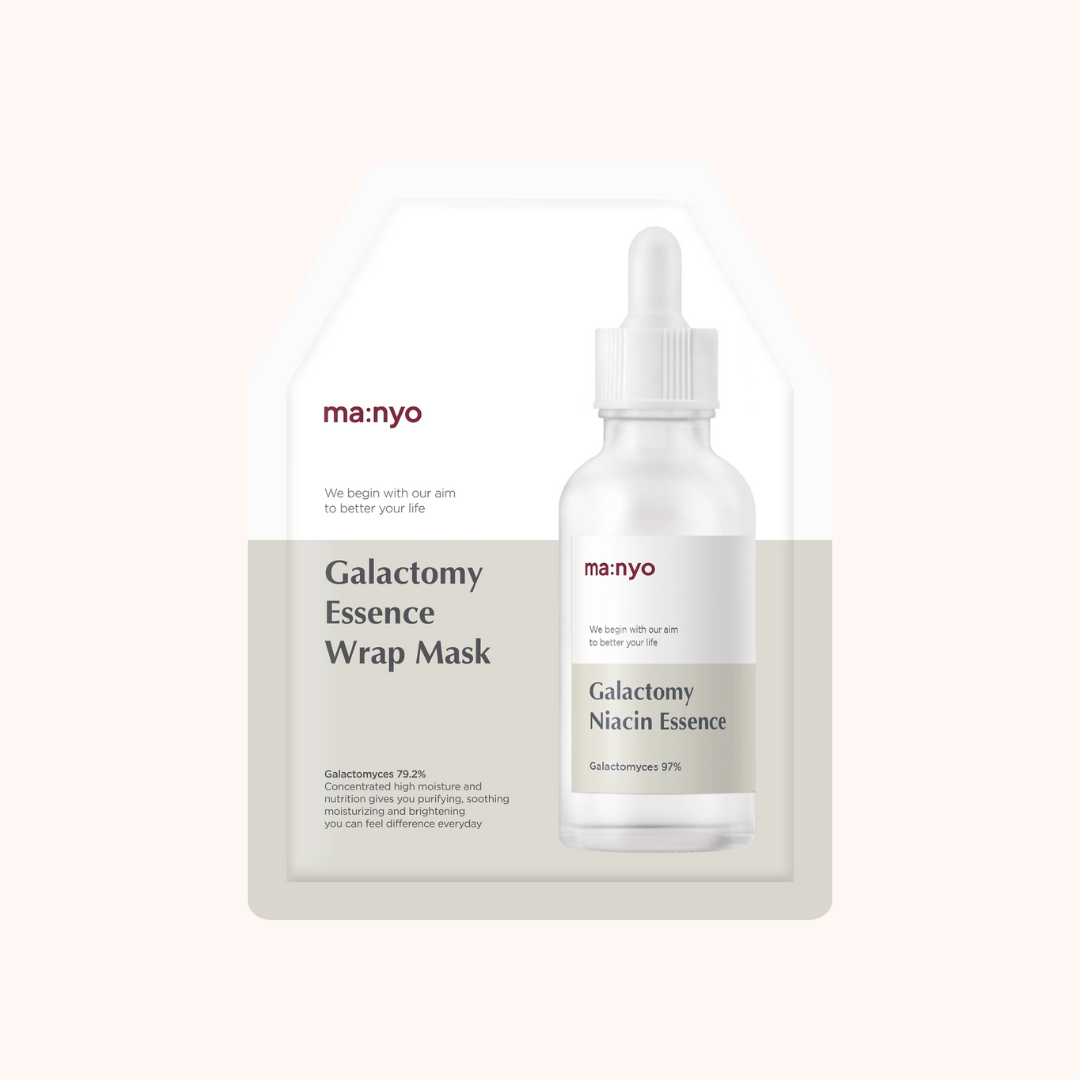 Packaging of Ma:nyo Factory Galactomy Essence Wrap Mask with a white bottle and clear dropper containing the essence, displayed against a white background.