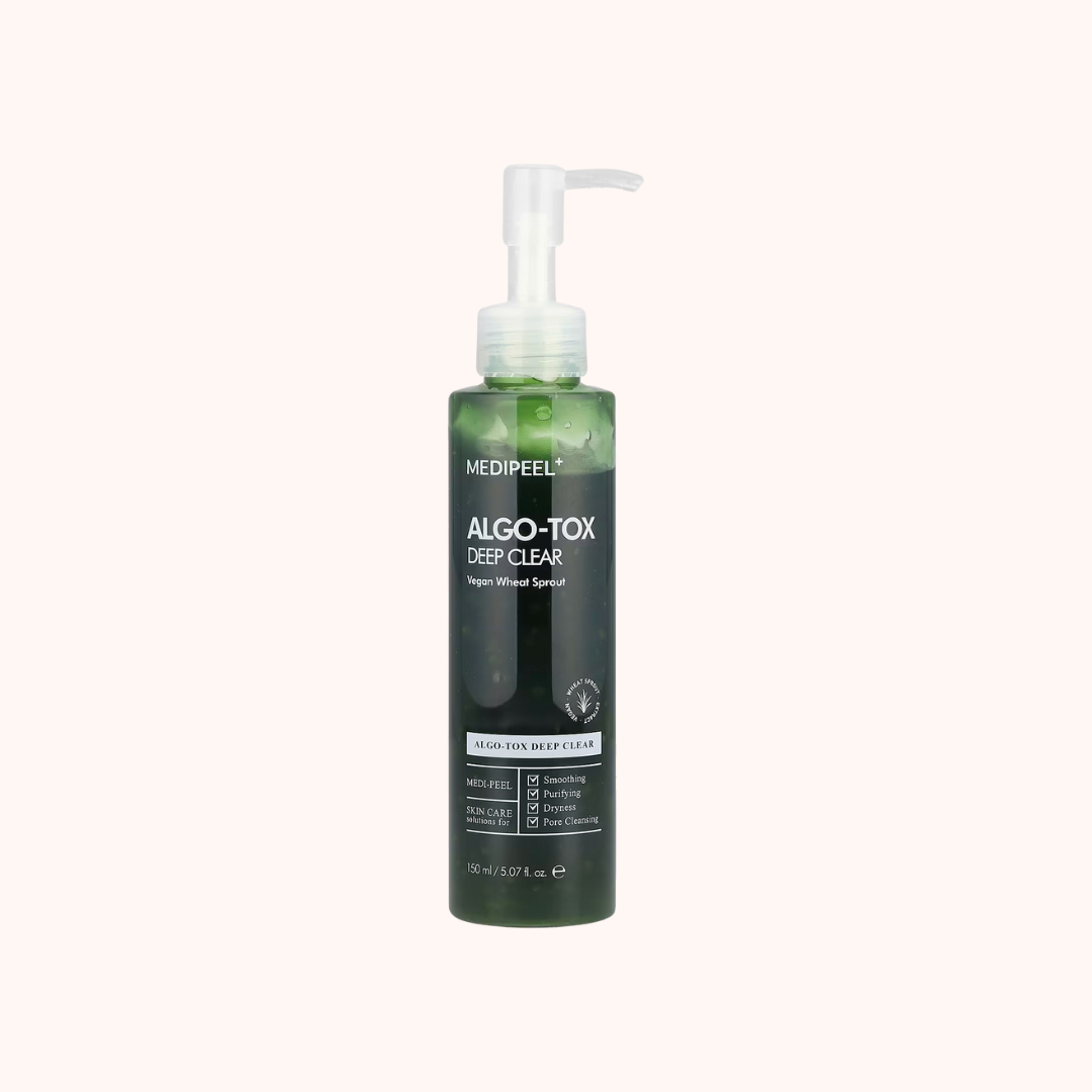 Green bottle of Medipeel Algo-Tox Deep Clear on a white background