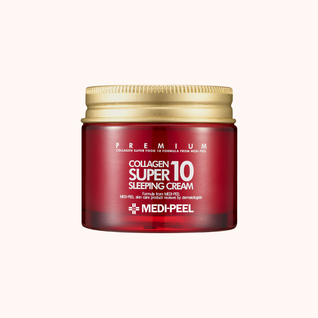 Red jar of Medipeel Collagen Super 10 Sleeping Cream on a white background