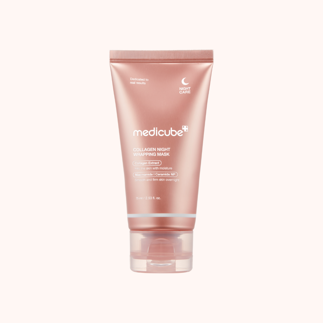 Pink tube of Medicube collagen night sheet mask on a white background
