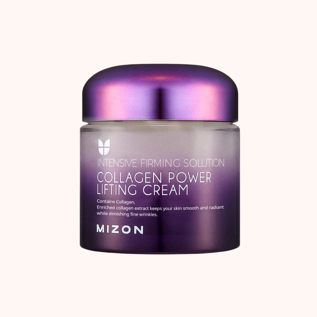 Mizon Collagen Power Lifting Cream jar with purple lid on a white background