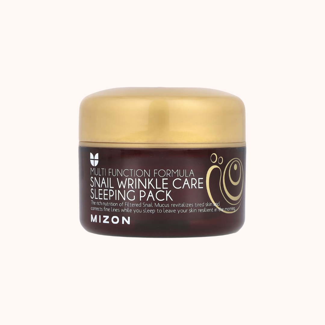 Mizon snail wrinkle care sleeping pack jar with gold lid on a white background