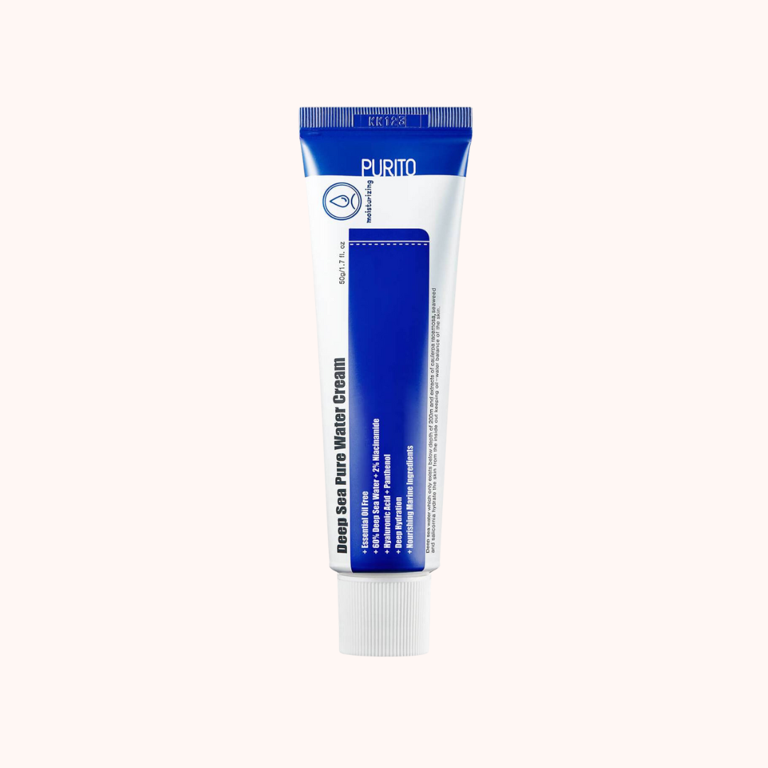 A tube of Purito Deep Sea Pure Water Cream with blue and white packaging.