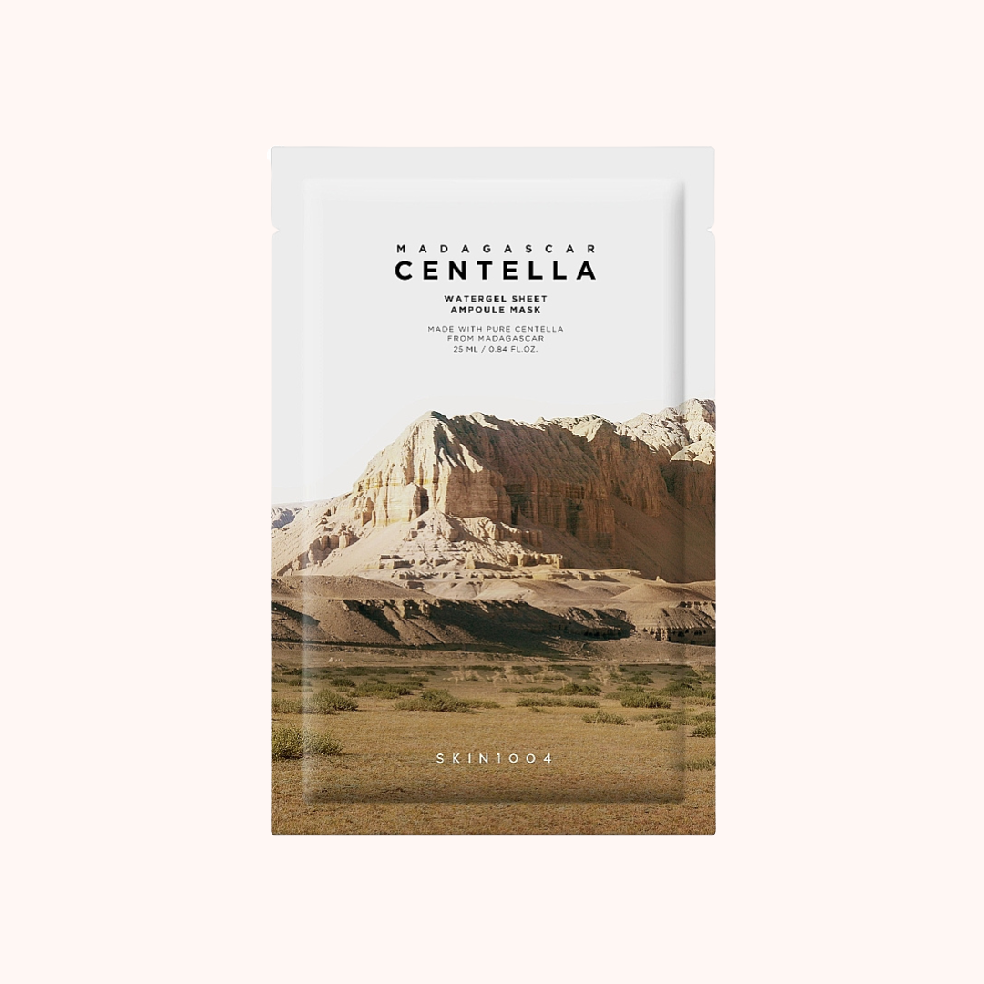 Packaging of SKIN1004 Madagascar Centella Watergel Sheet Ampoule Mask with a background image of a desert landscape at dusk.