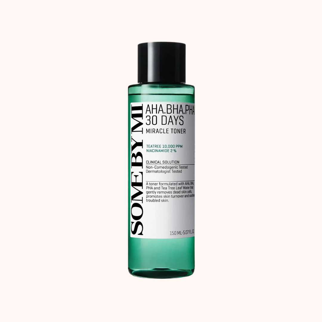 A bottle of Some By Mi AHA-BHA-PHA 30 Days Miracle Toner with a green label, black cap, and white text.