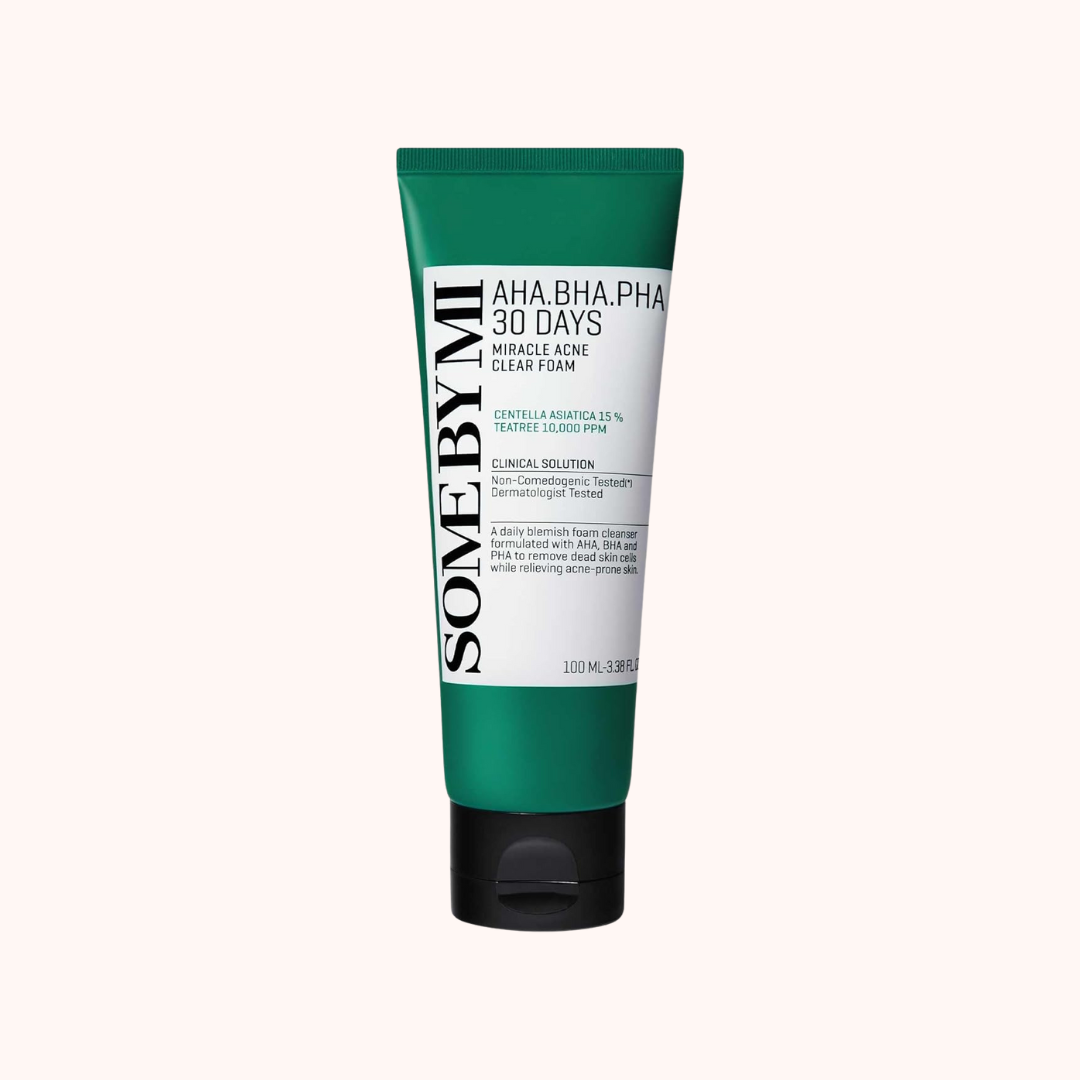 A tube of Some By Mi AHA BHA PHA 30 Days Miracle Acne Clear Foam, with green and white packaging.
