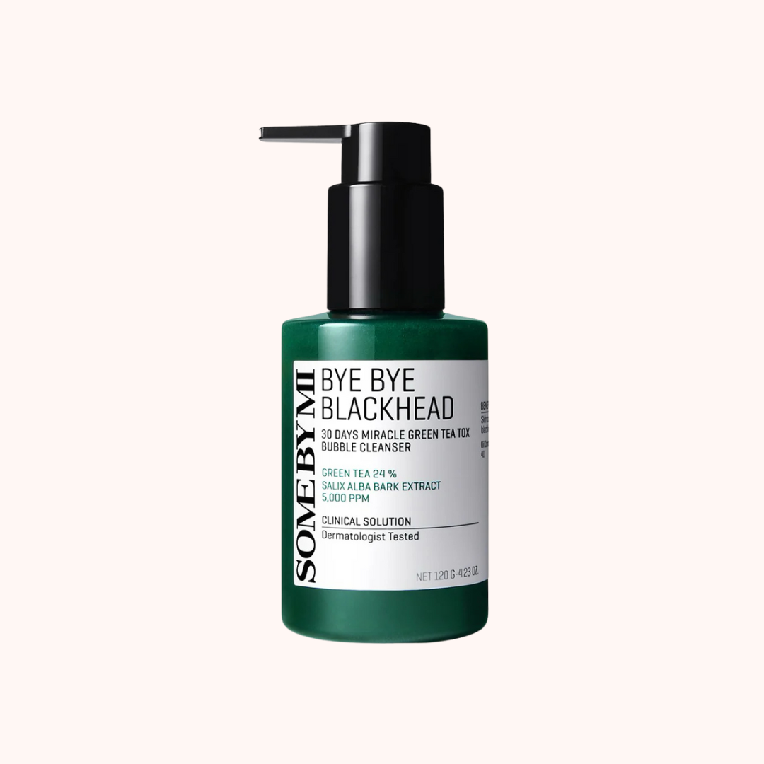 A pump bottle of Some By Mi Bye Bye Blackhead Bubble Cleanser with green tea packaging.