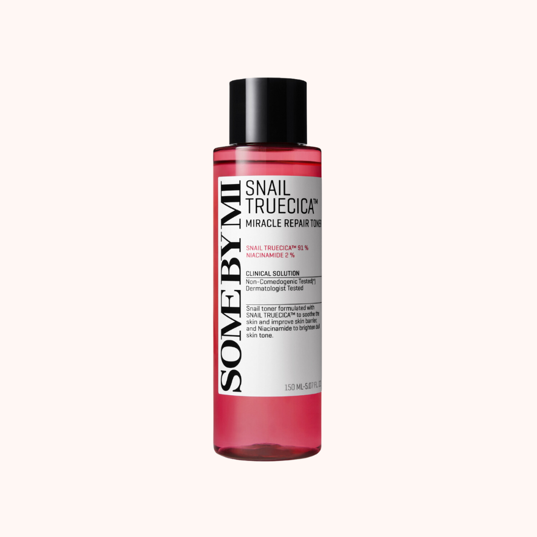 A bottle of Some By Mi Snail Truecica Miracle Repair Toner with black snail mucin, designed for skincare.