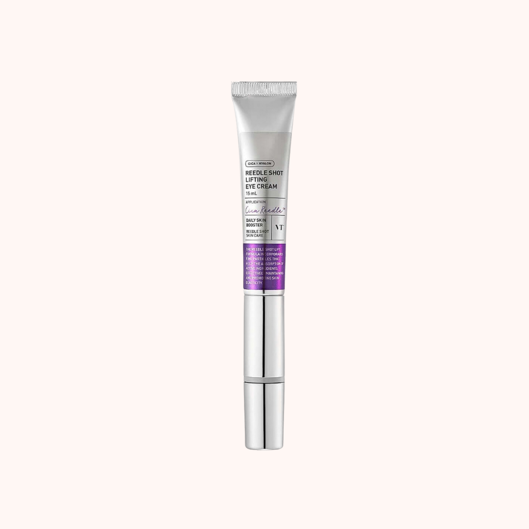 Skincare tube with silver cap and purple label on a white background