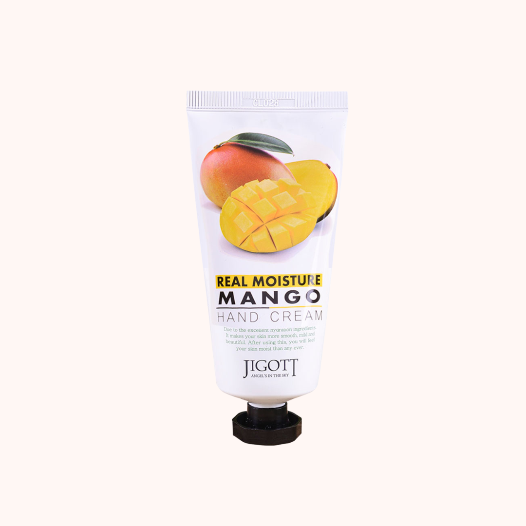 A tube of Jigott Real Moisture Mango Hand Cream with a mango image and the product name displayed on the packaging.