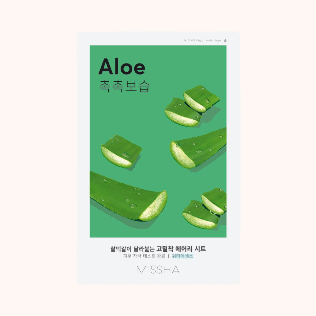 Packaging of Missha Airy Fit Moisturizing Sheet Mask featuring aloe illustrations on a green background.