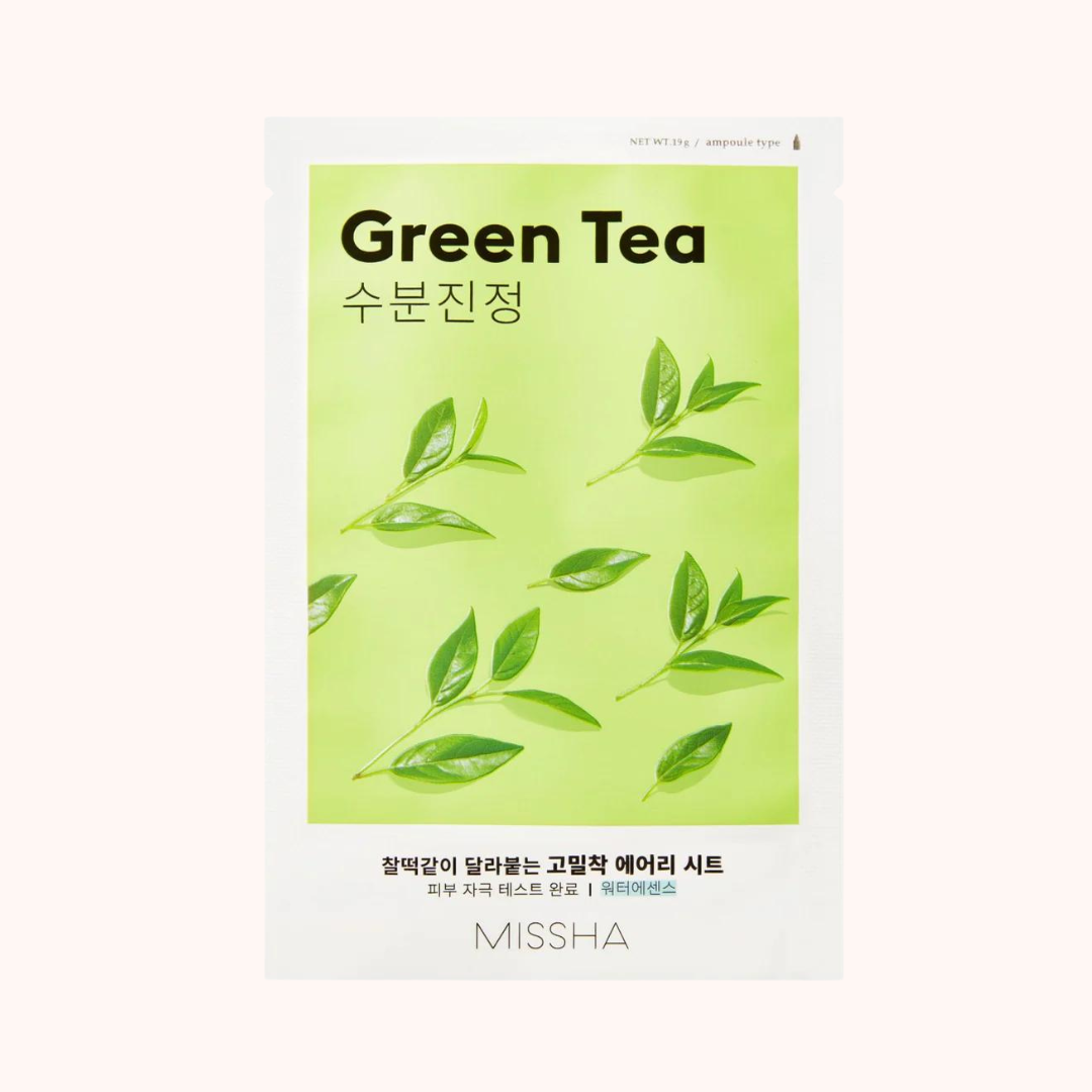 Packaging for Missha Airy Fit Sheet Mask with Green Tea imagery.