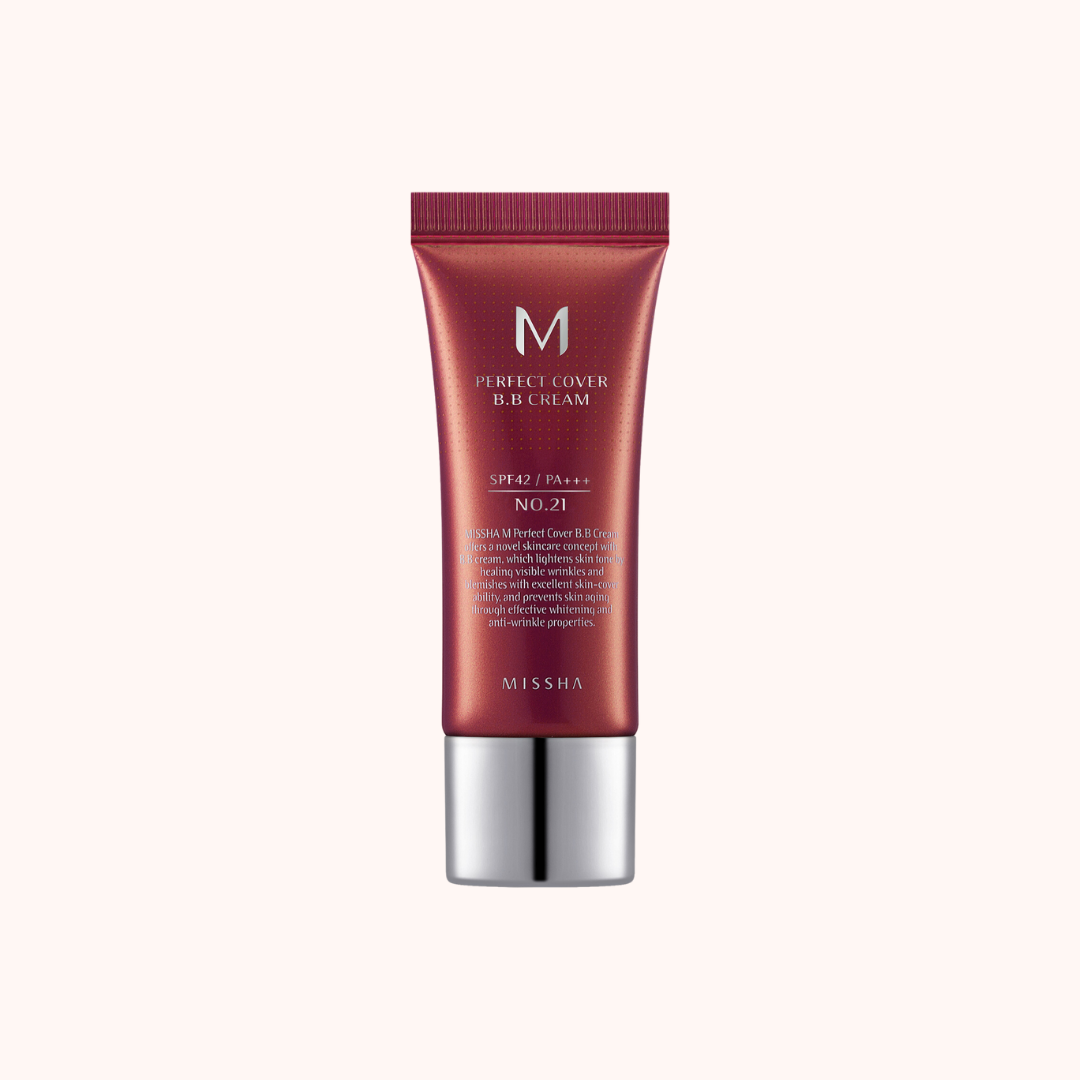 A tube of Missha Perfect Cover BB Cream with SPF42/PA+++, in a red color with a white and silver label, and a pump dispenser.
