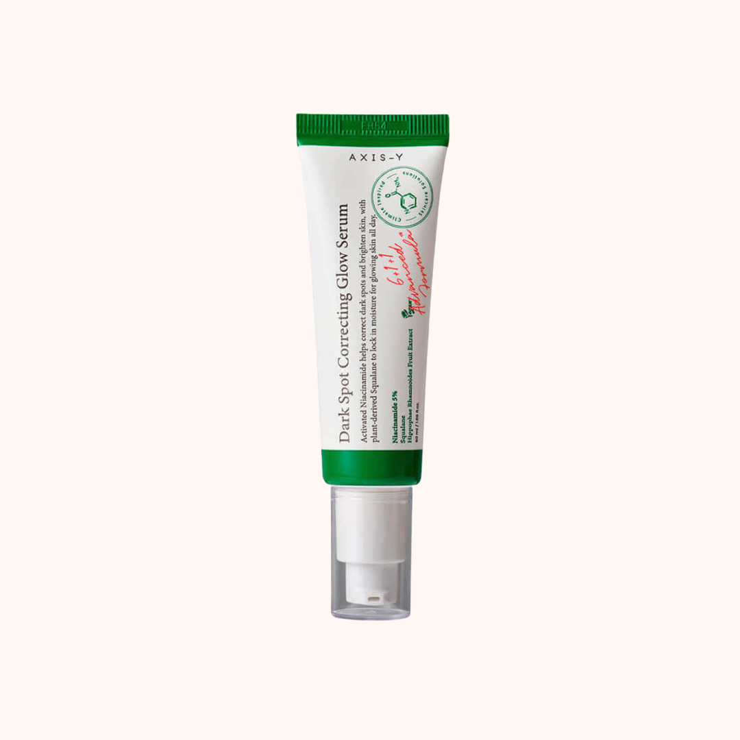 Tube of Axis-V dark spot correcting glow serum on a white background
