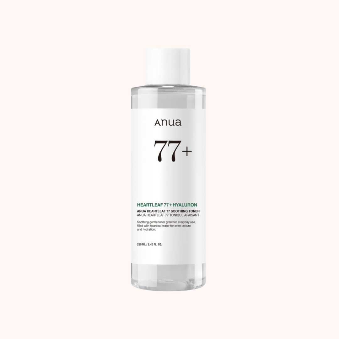 Anua 77+ skincare bottle on a white background