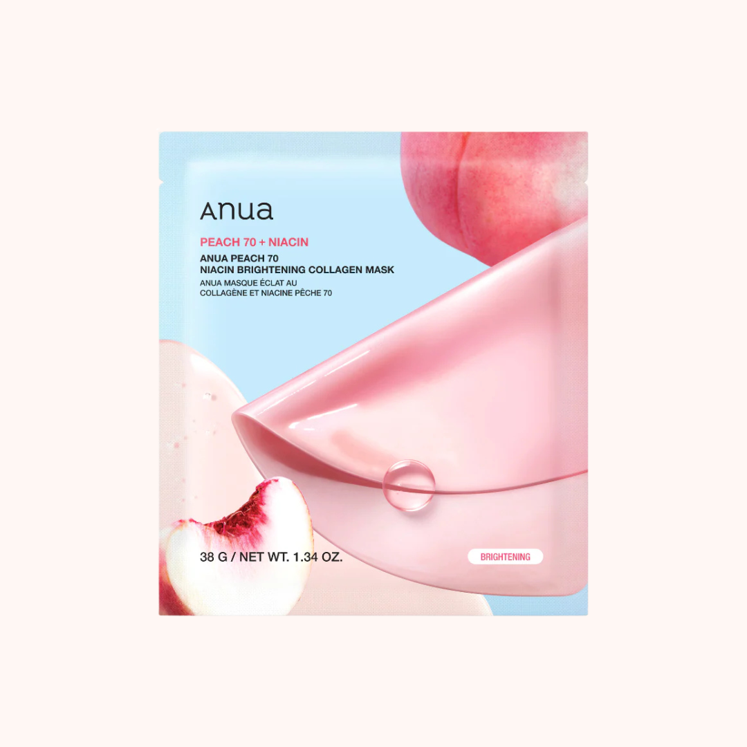Anua Peach 70 + Niacin collagen mask packaging with peach slices on a light blue background