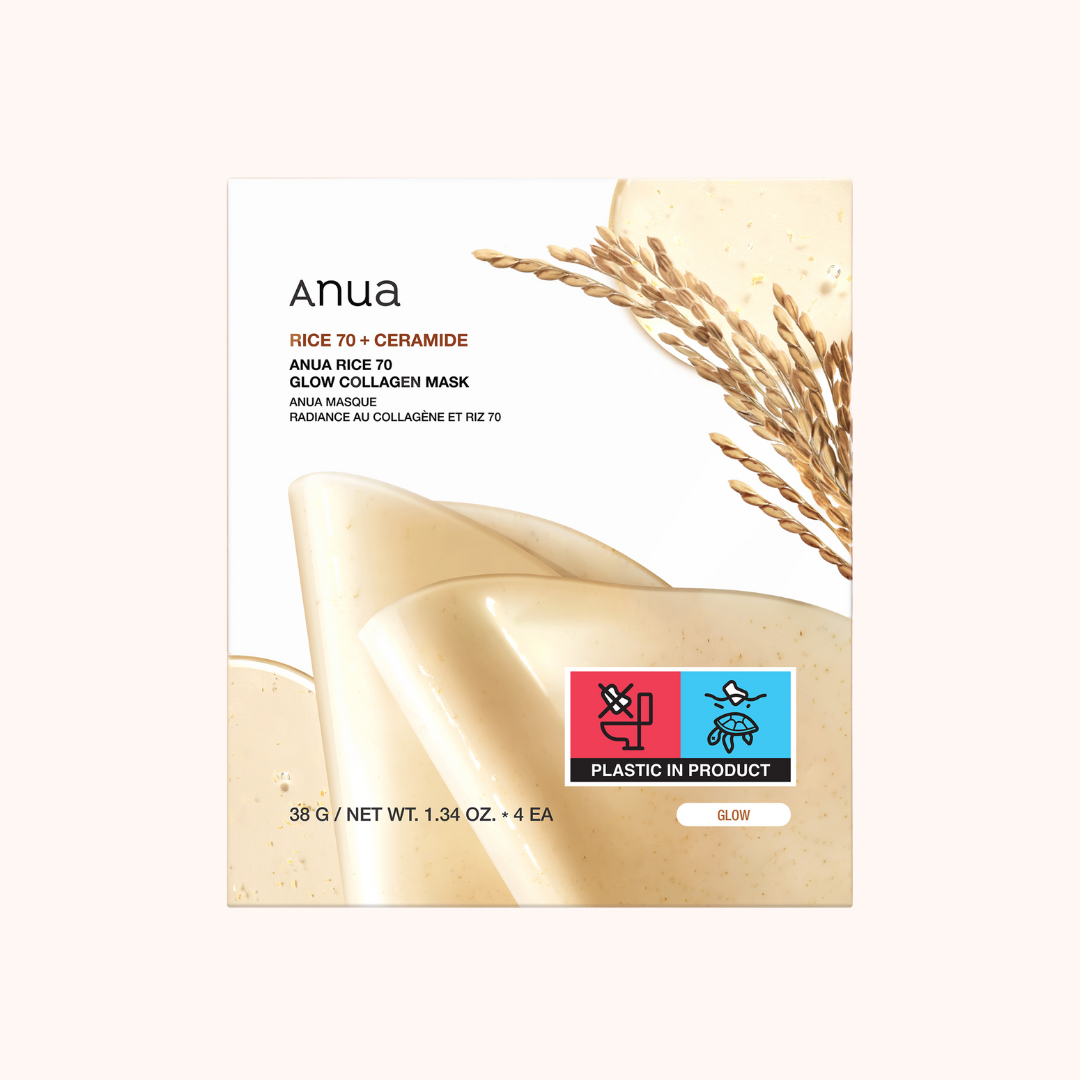 Anua rice and ceramide collagen mask packaging with rice grains on a white background
