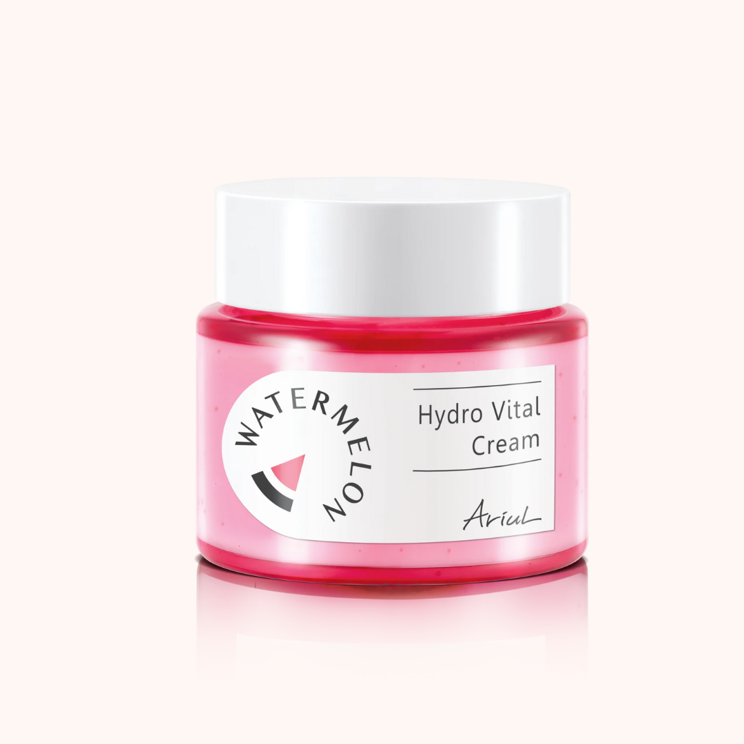 Ariul Watermelon Hydro Vital Cream in a pink container with a white lid, labeled with the product name and brand.
