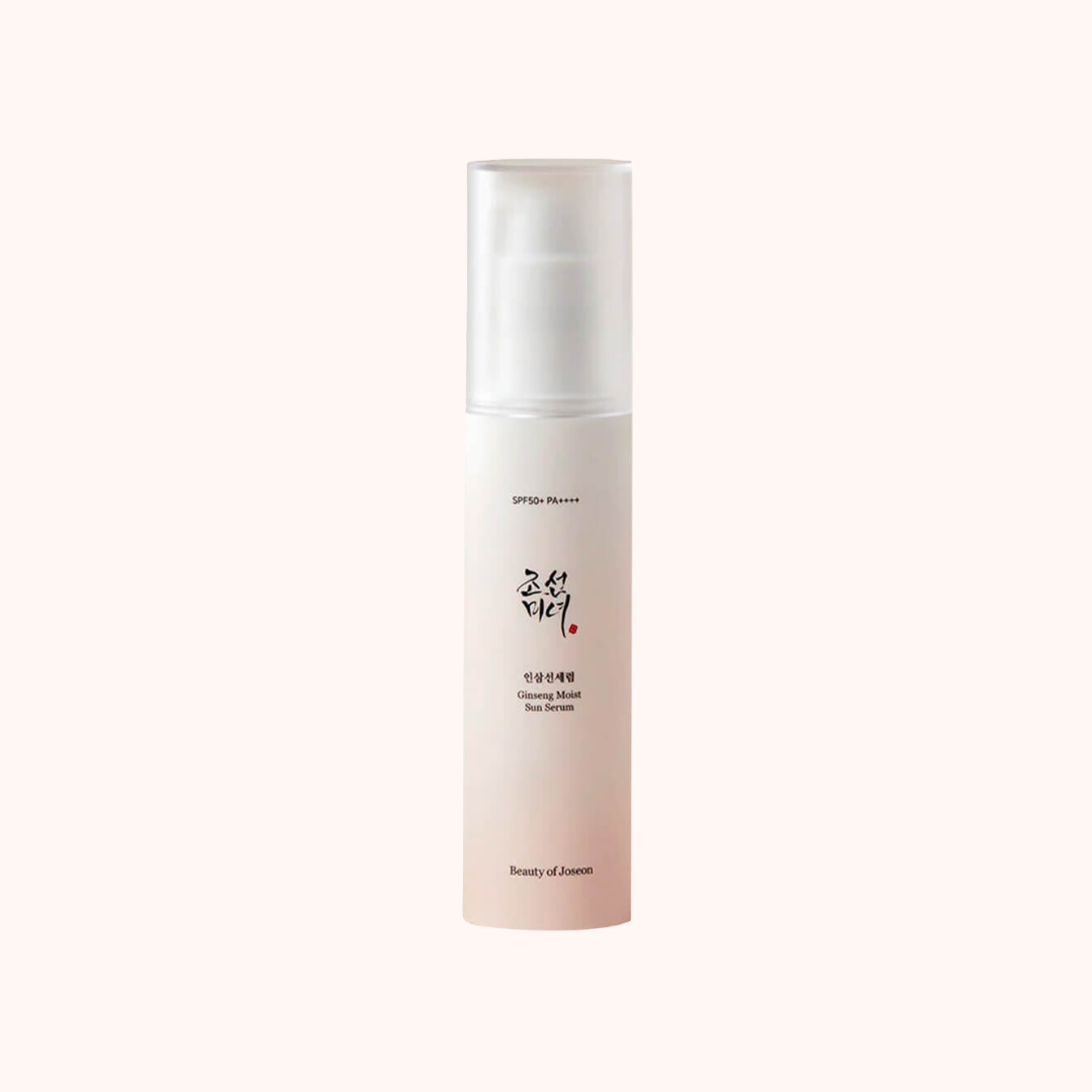 A pump bottle of Beauty Of Joseon Ginseng Moist Sun Serum with SPF50+/PA++++ label, predominantly in a light skin tone with minimalist design.